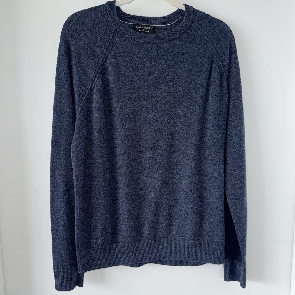 Banana Republic Mens Raglen Merino Wool Crew Neck Sweater Blue Long Sleeve Sz L
